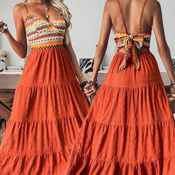 Orange Boho Women's Vacation Style Geometric Stripe Contrast Color Layered Dress - Picture 2 of 6